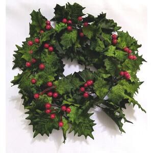 Christmas Candle Ring Wreath Plastic Holly Berries 6.5" Round Velveteen Leaves